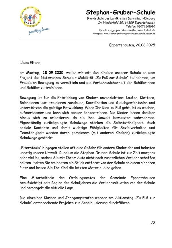 Elternbrief Zur Fuß zur Schule 2025 S.1