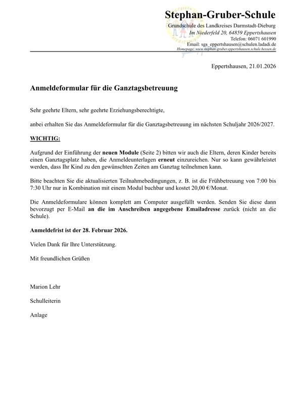 Elternbrief Anmeldung Ganztag 2026/27